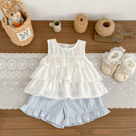 【BABY&KID】夏新作ドットノースリーブブラウス＆フリルショートパンツSK105413