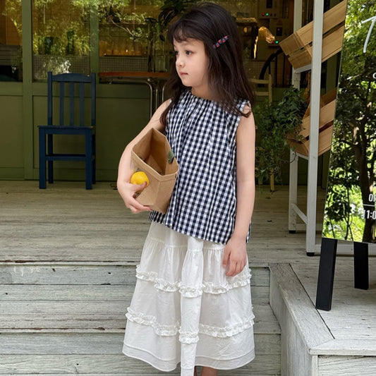 【BABY&KID】夏新作 ノースリーブチェックガールシャツ、無地スカートSK092632