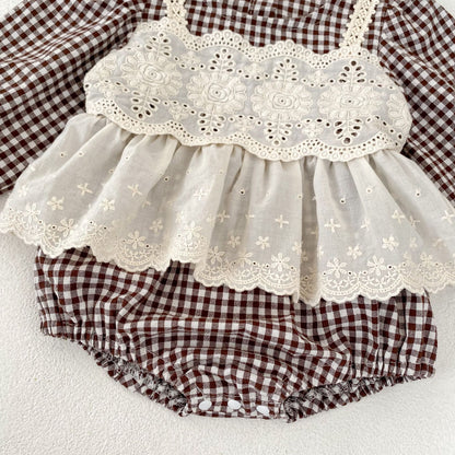 【BABY】ブラウンチェックレイヤードロンパースSK031008