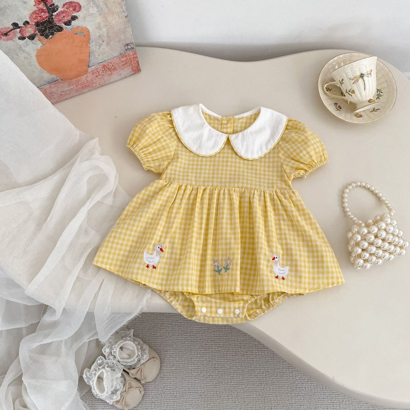 【BABY】夏新作 チェックあひる刺繍ロンパースSK104907