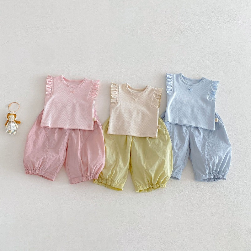 【BABY&KID】夏新作無地フリルスリーブタンクトップ、パンツSK104623