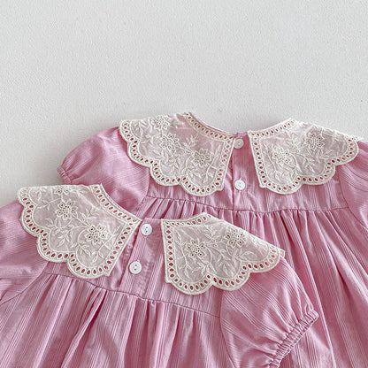 【姉妹服】夏新作 レース刺繍襟ロンパース、ワンピースSK081627