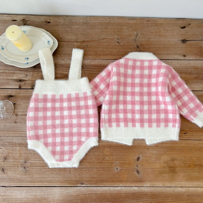 【BABY】チェックサロペットロンパース、カーディガンSK101535