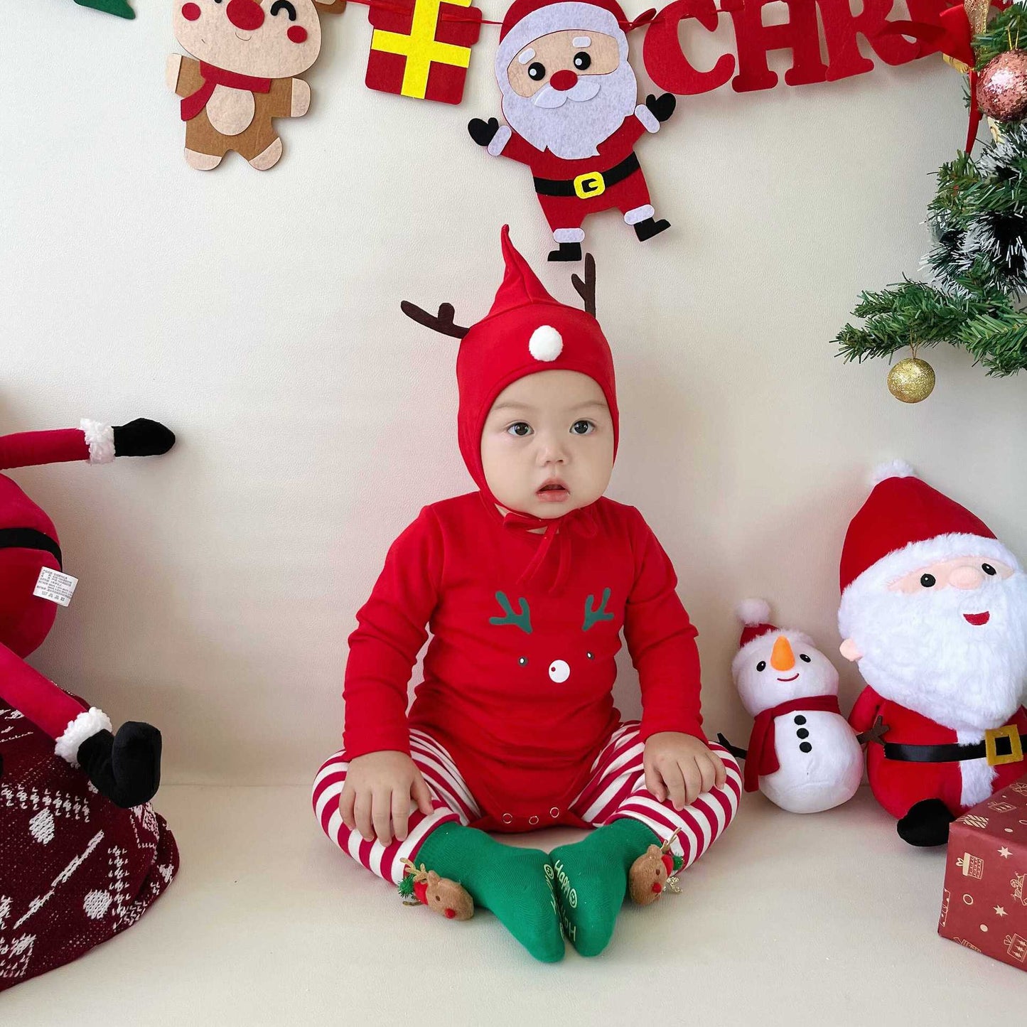 【BABY】トナカイ柄ロンパース、ボーダーレギンスセットSK102822