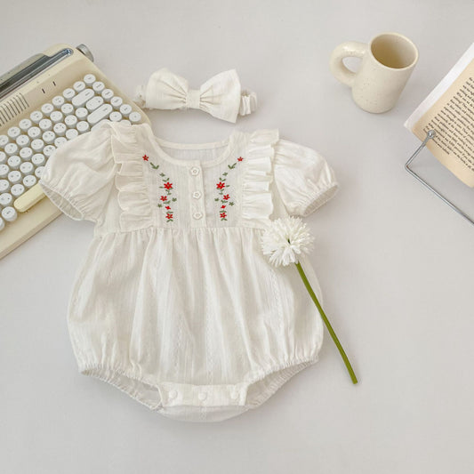 【BABY】夏新作 コットンのスタイリッシュな刺繍入りラウンドネックロンパースSKO70706