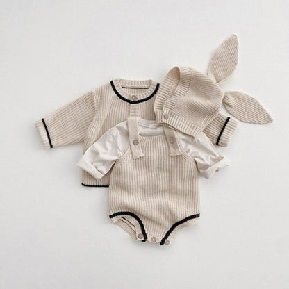 【BABY】無地ニットカーディガン、サロペットロンパース、大きな耳帽子SK101529