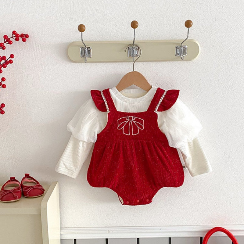 【BABY】冬新作蝶結び刺繍あったかロンパース、ワンピースSK103114