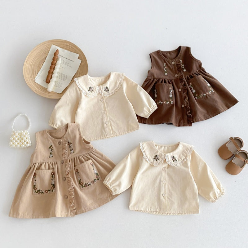【BABY&KID】花刺しゅう入り丸襟トップス、ノースリーブワンピースSK050807