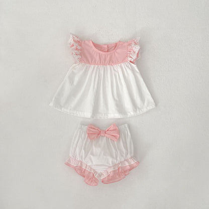 【BABY&KID】夏新作 バイカラーフリル袖トップス＆ショートパンツSK081525