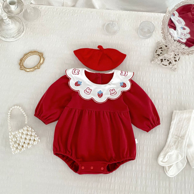 【BABY】イチゴ小兔刺繍襟ロンパースSK092813