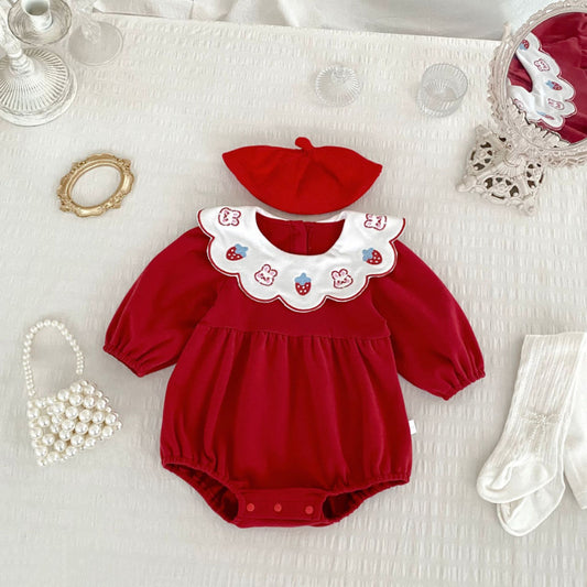 【BABY】Strawberry Bunny Embroidery Collar Romper SK092813