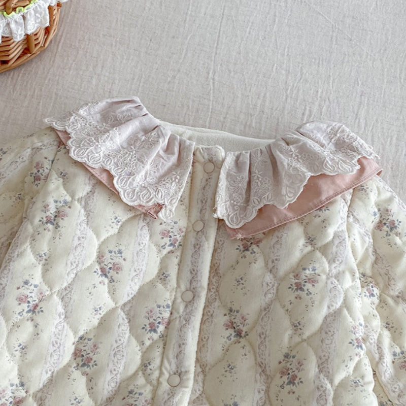 【BABY】冬新作花柄フリル襟キルティング裏起毛カバーオールSK102717