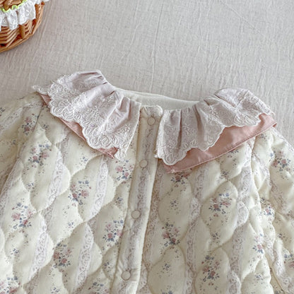 【BABY】冬新作花柄フリル襟キルティング裏起毛カバーオールSK102717