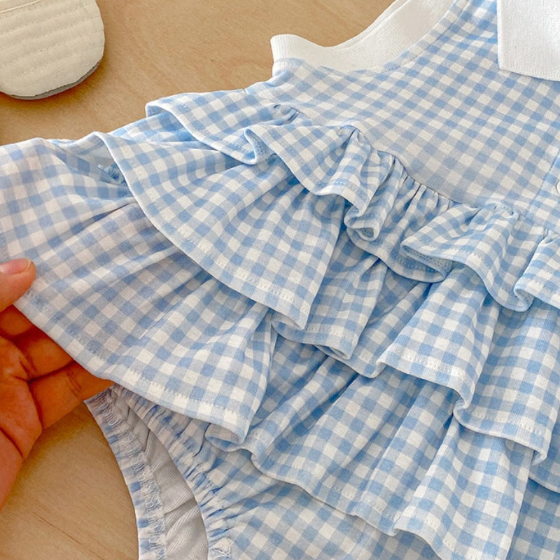 【BABY】夏新作格子柄蝶結び刺繍ロンパースSK104501