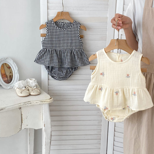 【BABY】夏新作 刺繍チェック無袖トップス&ベビーパンツセットアップSK071605