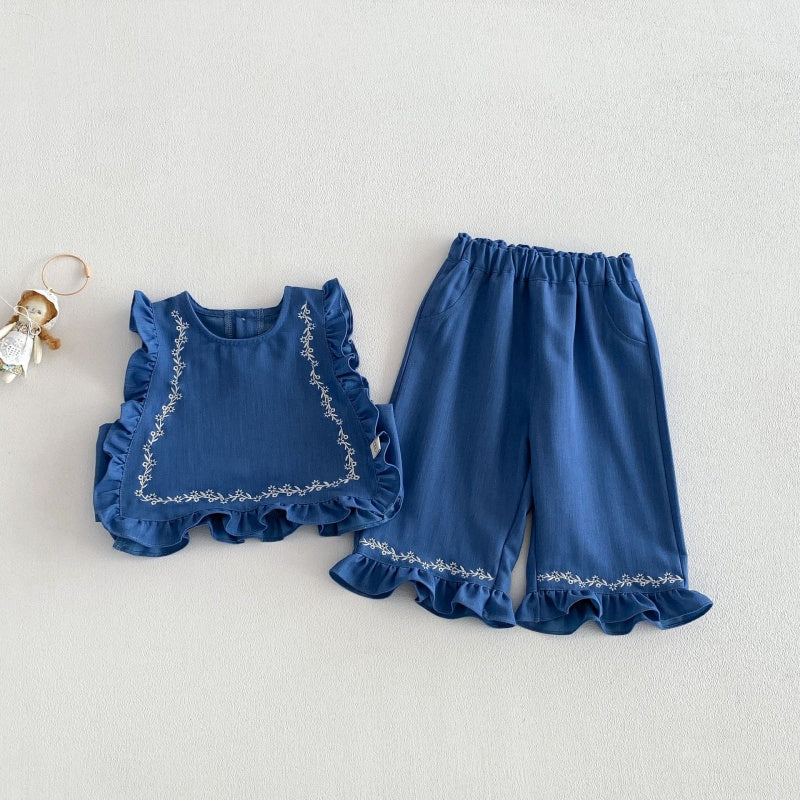 【BABY&KID】刺繍パフスリーブシャツ、刺繍ベスト、デニムパンツSK104122