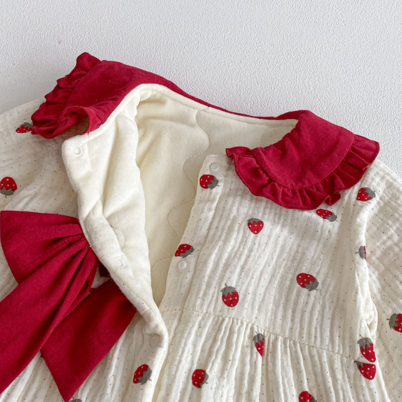 【BABY】冬新作大きなリボン付きいちご裏起毛カバーオールSK102711