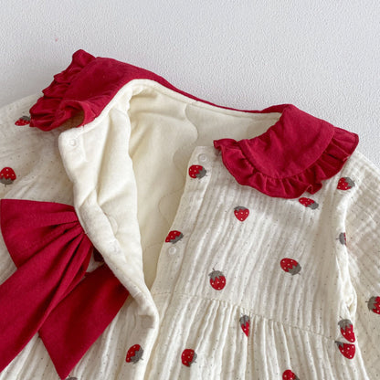 【BABY】冬新作大きなリボン付きいちご裏起毛カバーオールSK102711