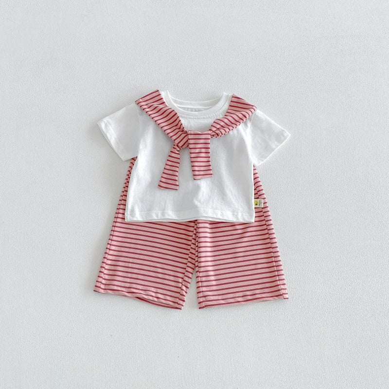 【BABY&KID】夏新作ケープ風半袖Tシャツ＆ボーダーワイドパンツSK105801