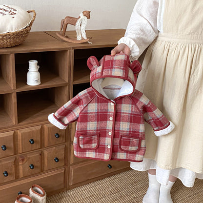 【BABY&KID】冬新作チェック柄フード付きモコモコアウターSK102523