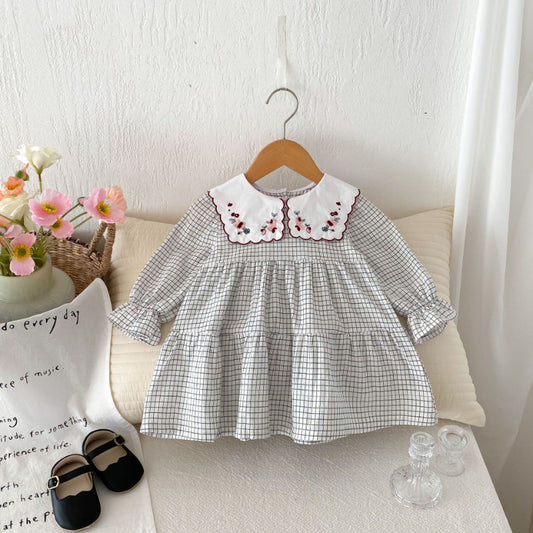 【BABY&KID】チェック花柄刺繍ワンピースSK011006