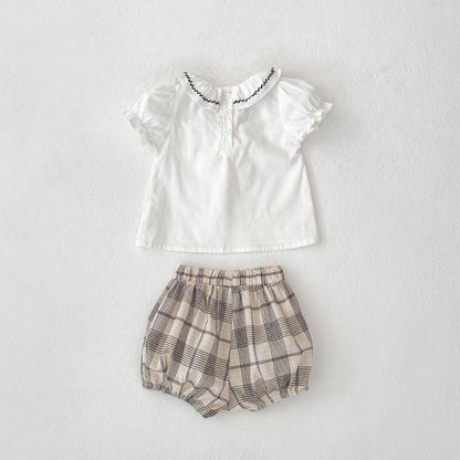 【BABY&KID】夏新作 刺繍フリル襟トップス＆チェックショートパンツSK081524