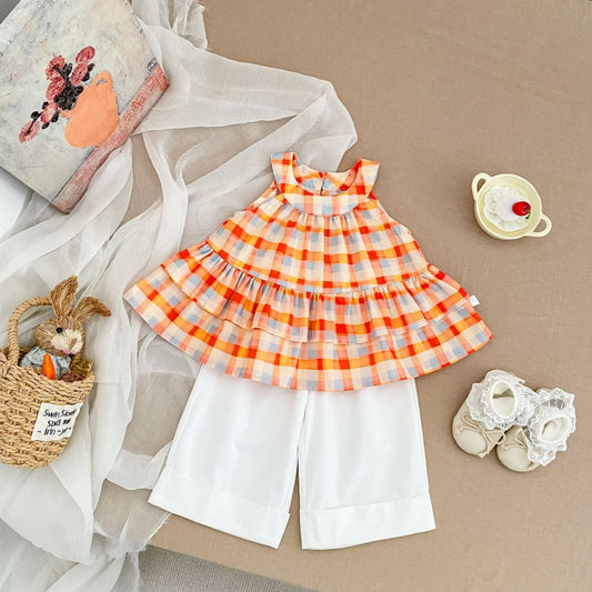 【BABY&KID】夏新作フリル襟チェックシャツ、無地ワイドパンツSK106401