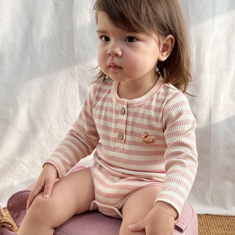 【BABY】北欧風ポニー刺繍ボーダーロンパース、レギンスSK101320