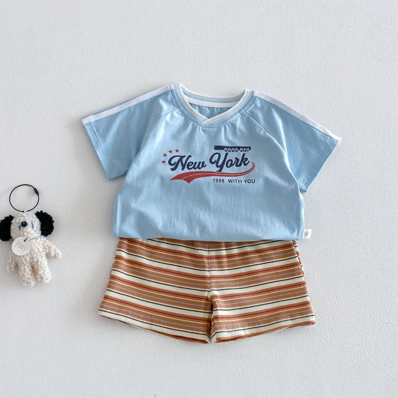 【BABY&KID】夏新作VネックロゴTシャツ、ボーダーショートパンツSK105515