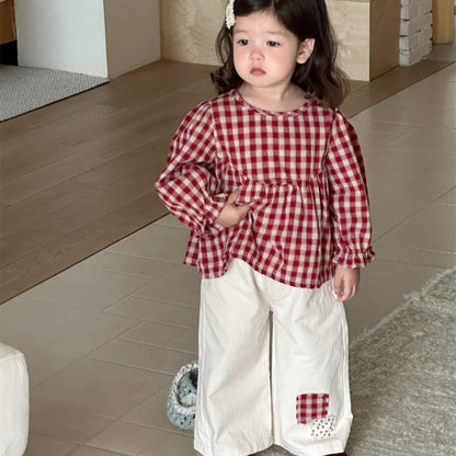 【BABY&KID】レッドチェックブラウス、ベージュパンツSK100839