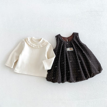 【BABY&KID】ドット蝶結びワンピース、ベージュトップスSK108112