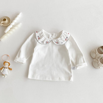 【BABY】リボンクルーネックロンパース、花刺繍カラーTシャツSK100741