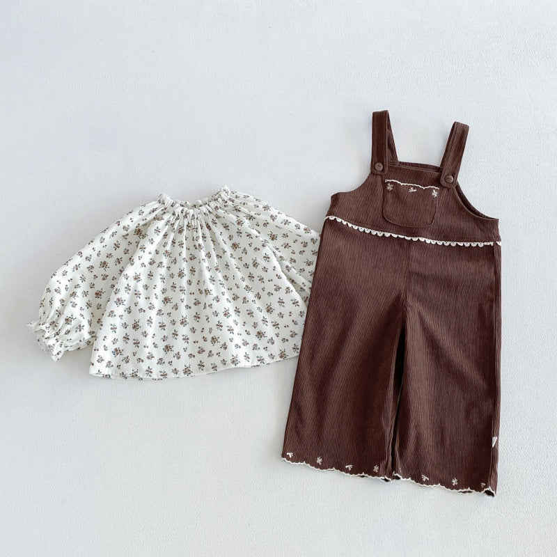 【BABY&KID】パフスリーブシャツ、刺繍サロペット、フレアパンツSK107213