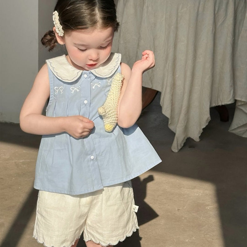 【BABY&KID】夏新作蝶結び刺繍シャツ、無地ショートパンツSK105715