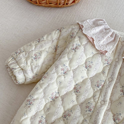 【BABY】冬新作花柄フリル襟キルティング裏起毛カバーオールSK102717