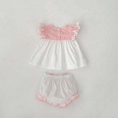 【BABY&KID】夏新作 バイカラーフリル袖トップス＆ショートパンツSK081525