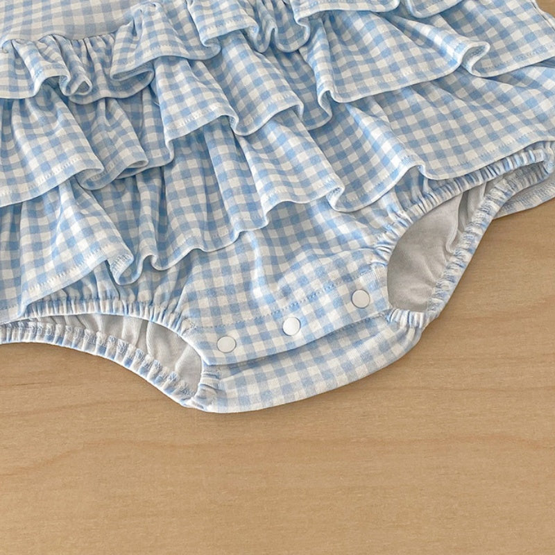 【BABY】夏新作格子柄蝶結び刺繍ロンパースSK104501