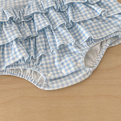 【BABY】夏新作格子柄蝶結び刺繍ロンパースSK104501