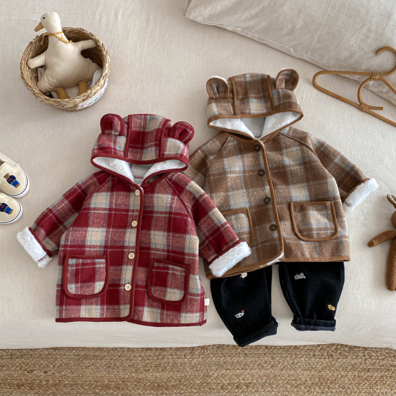 【BABY&KID】冬新作チェック柄フード付きモコモコアウターSK102523