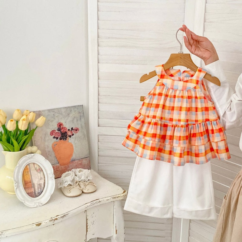 【BABY&KID】夏新作フリル襟チェックシャツ、無地ワイドパンツSK106401