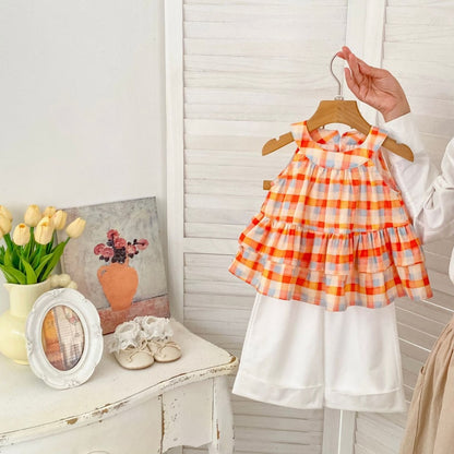 【BABY&KID】夏新作フリル襟チェックシャツ、無地ワイドパンツSK106401