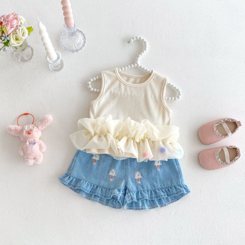 【BABY&KID】夏新作 スイートノースリーブトップス、デニムパンツSK080616