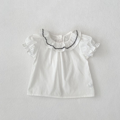 【BABY&KID】夏新作 刺繍フリル襟トップス＆チェックショートパンツSK081524