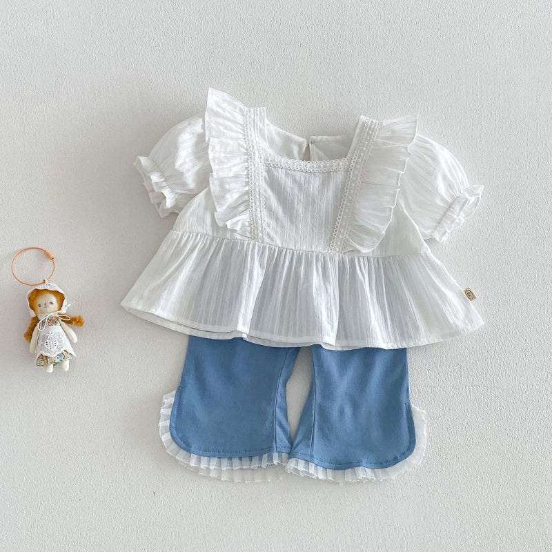 【BABY&KID】夏新作 フリルスリーブスクエアネックブラウス、デニムパンツSK105216