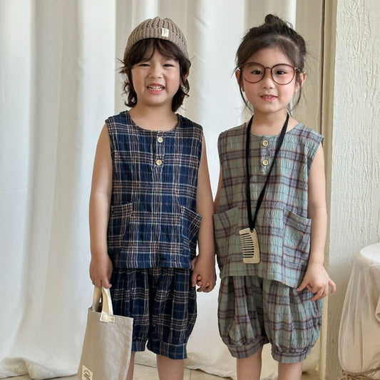 【BABY&KID】夏新作 ポケット付きチェックセットアップSK072107