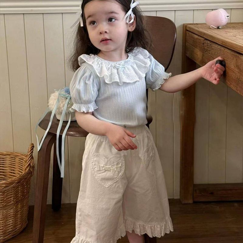 【BABY&KID】夏新作フリル襟Tシャツ、ハートポケット七分丈パンツSK105716