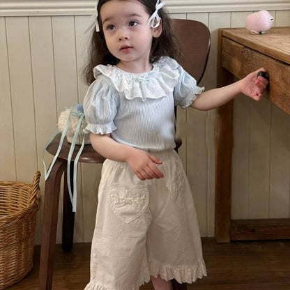 【BABY&KID】夏新作フリル襟Tシャツ、ハートポケット七分丈パンツSK105716