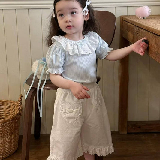 【BABY&KID】夏新作フリル襟Tシャツ、ハートポケット七分丈パンツSK105716