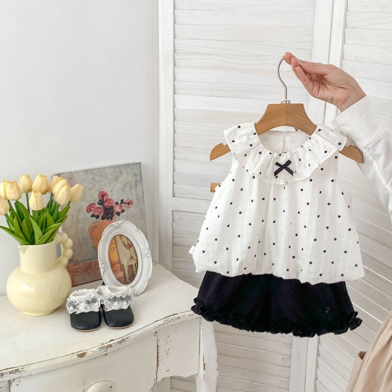 【BABY&KID】夏新作ドット柄リボンノースリーブタンクトップ＆ショートパンツSK106502