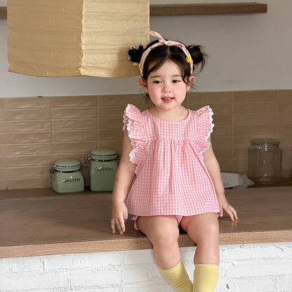 【BABY&KID】夏新作フリルスリーブチェックセットアップSK105713